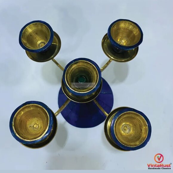 Lapis Stone Candle Holder, Vintage Lapis & Brass Candle Holder, Elegant 5-Light - Picture 2 of 6